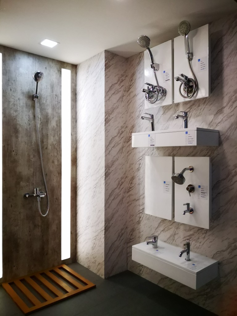 Varieties of showers and faucets are on display for the freedom to select what piece would fit your bathroom perfectly.